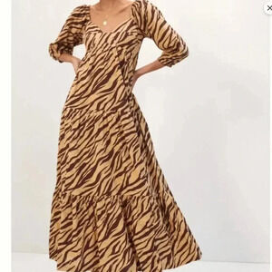 Anthropologie Brown and Tan Zebra-Striped Maxi Dress